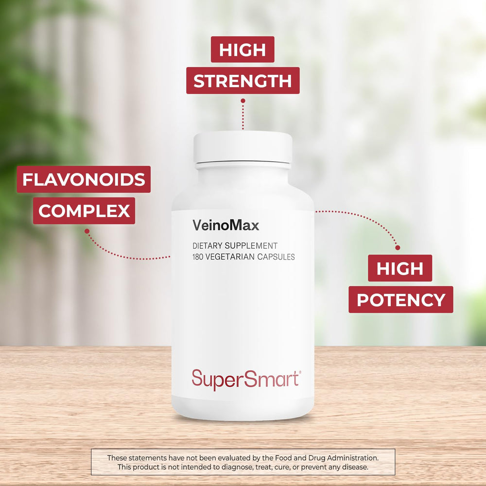 Supersmart VeinoMax bottle label highlighting gluten-free and non-GMO features.
