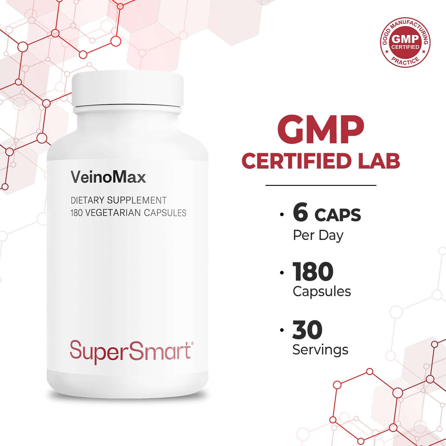 Supersmart VeinoMax vegetarian capsules closeup emphasizing plant-based formulation.
