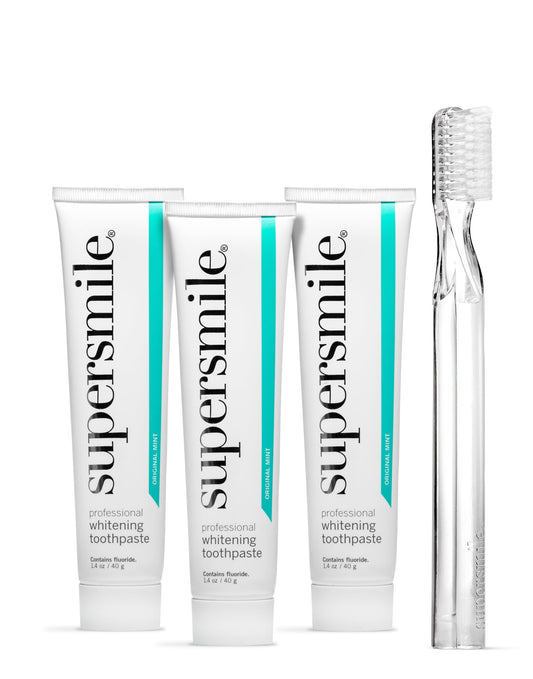 Supersmile Original Mint toothpaste trio packaging shows a complete whitening set