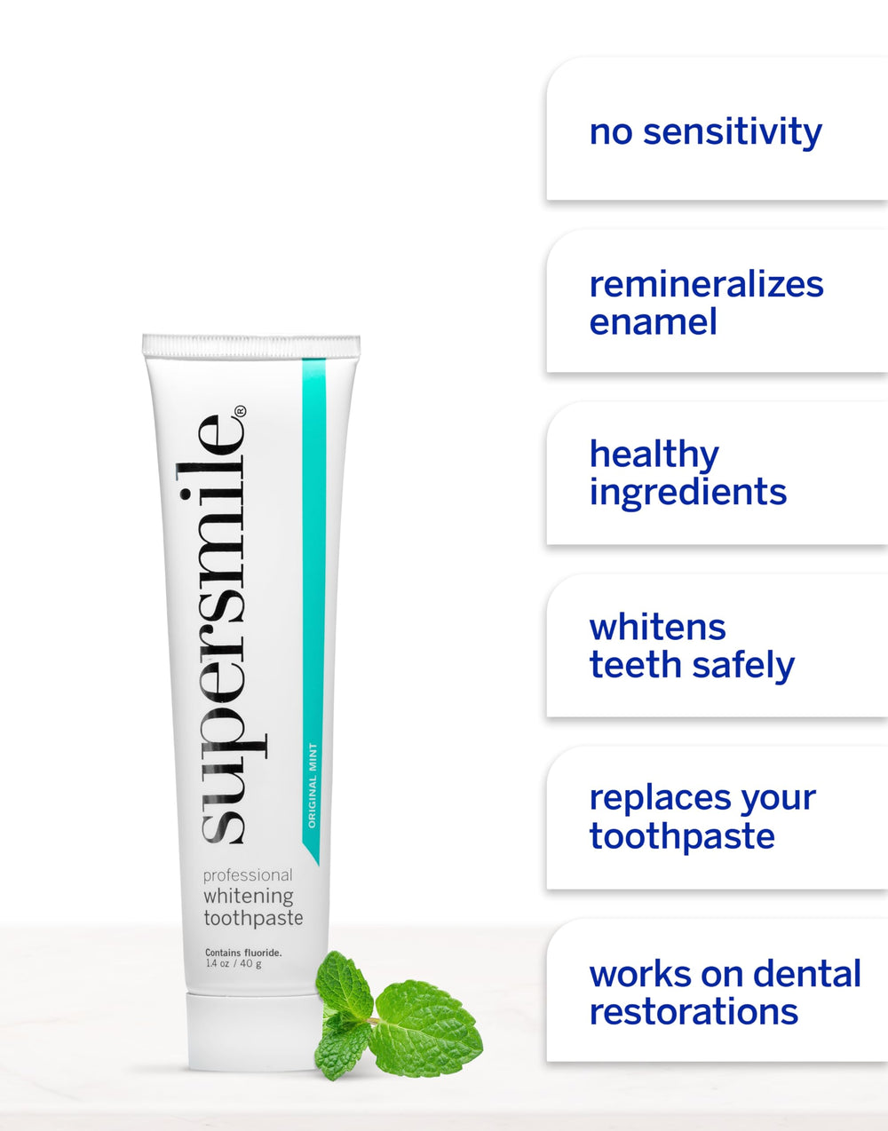 Supersmile Original Mint toothpaste tubes angle display whitening-friendly formula in action
