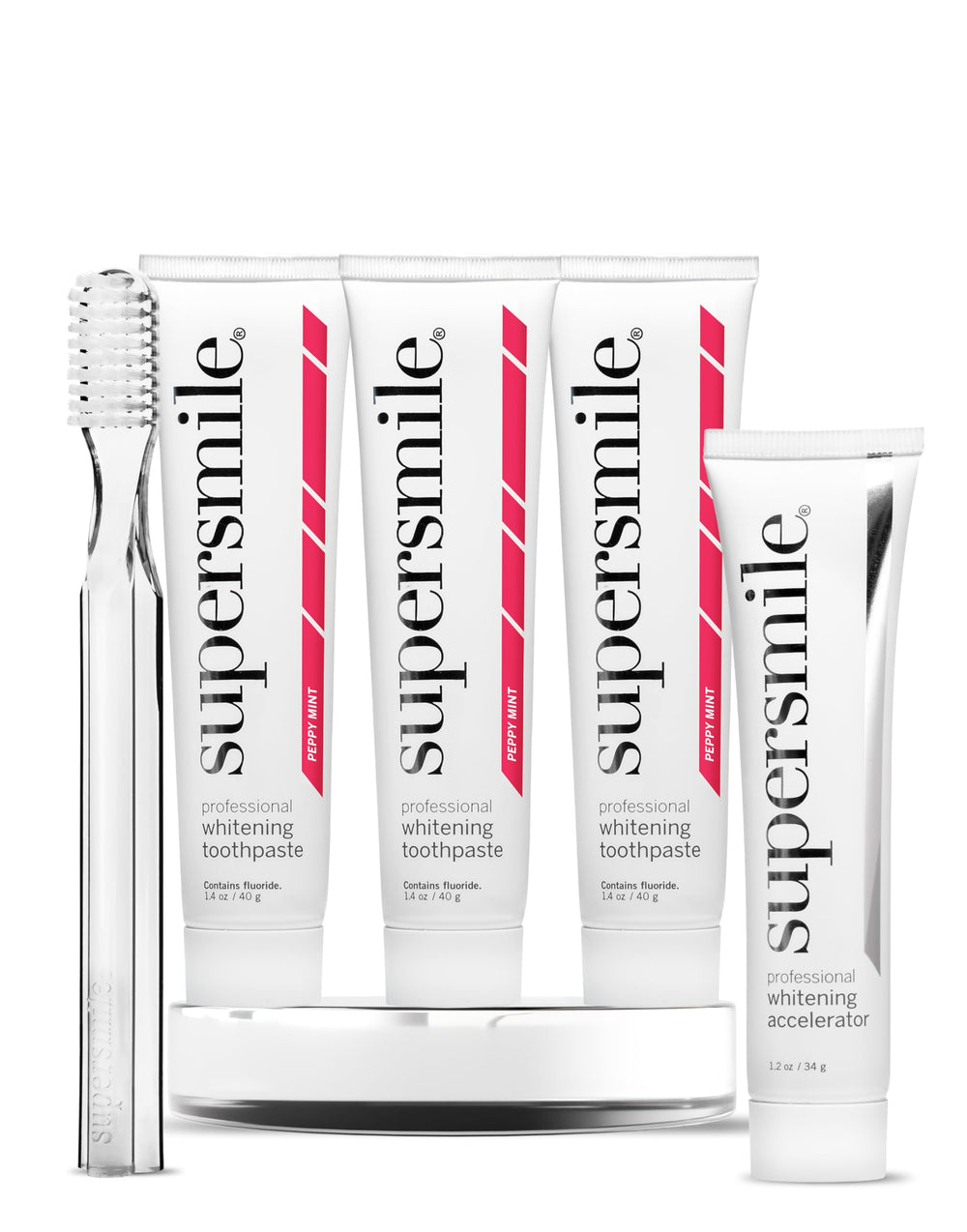 Supersmile Peppy Mint toothpaste set with three tubes for at-home whitening and travel.