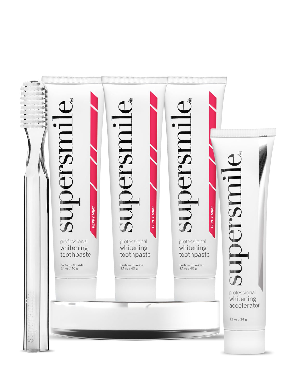 Supersmile Peppy Mint toothpaste set with three tubes for at-home whitening and travel.