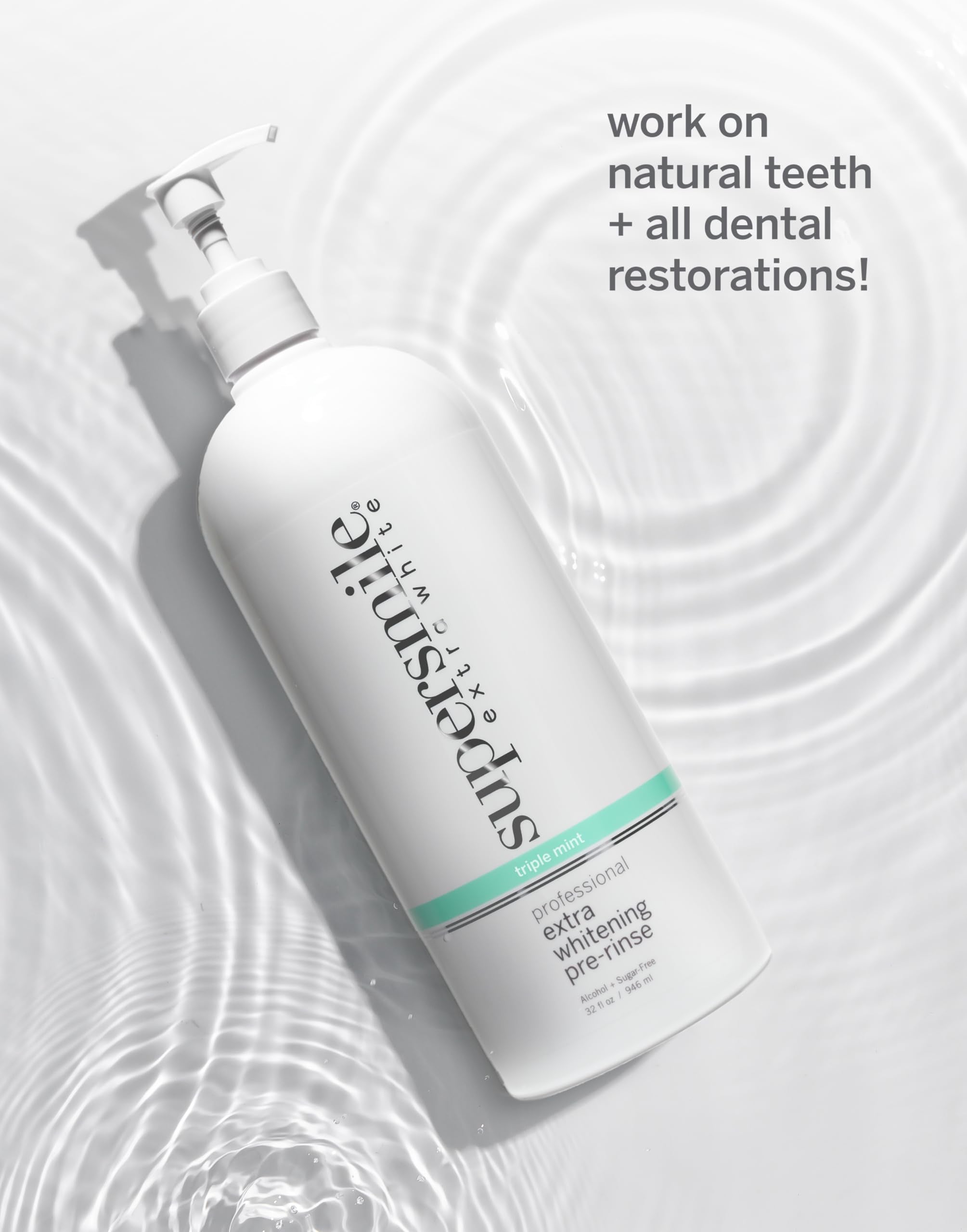Supersmile pre-rinse shown with dentures or veneers for a shinier smile.