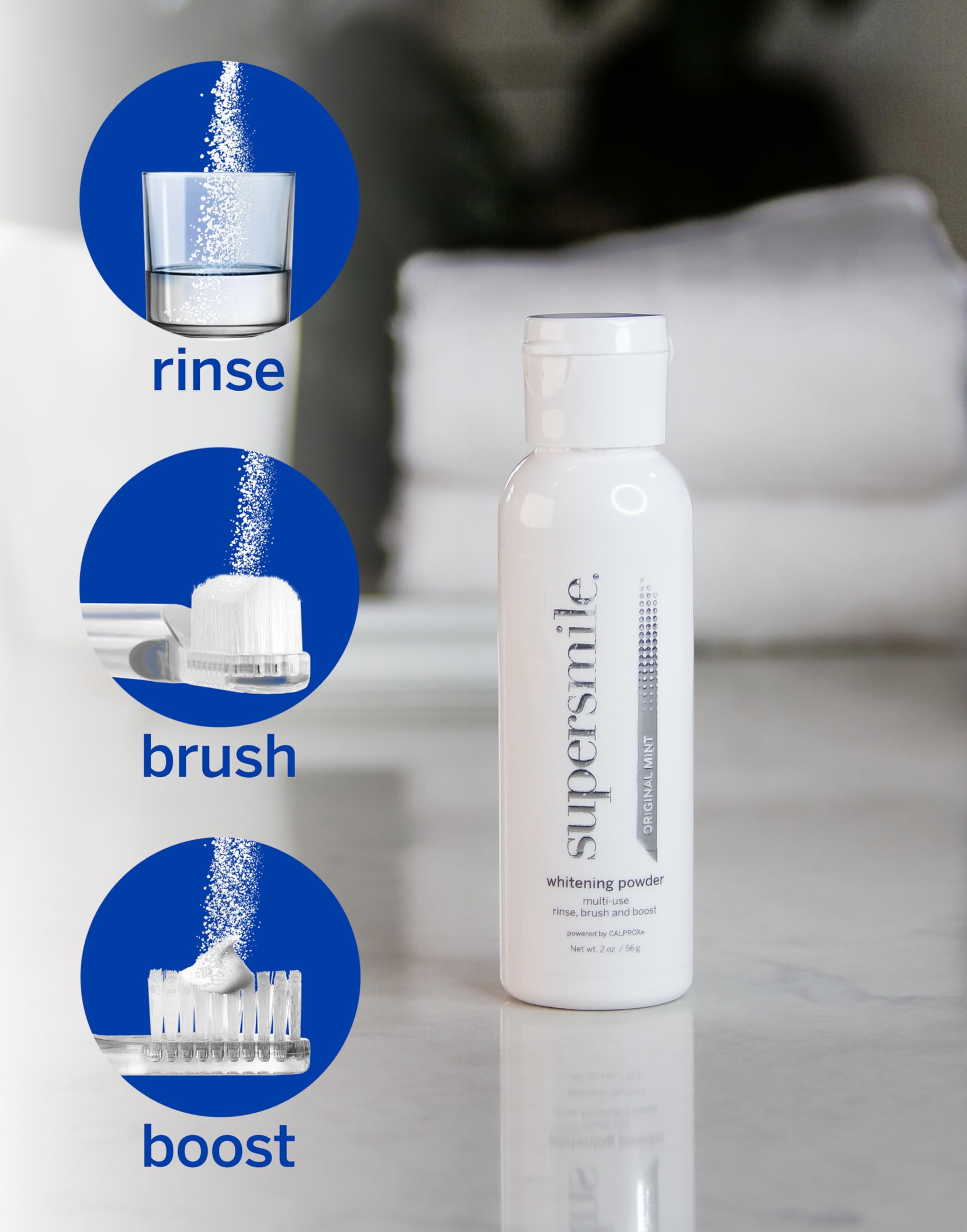 Supersmile triple-use powder boost application for brighter-looking teeth