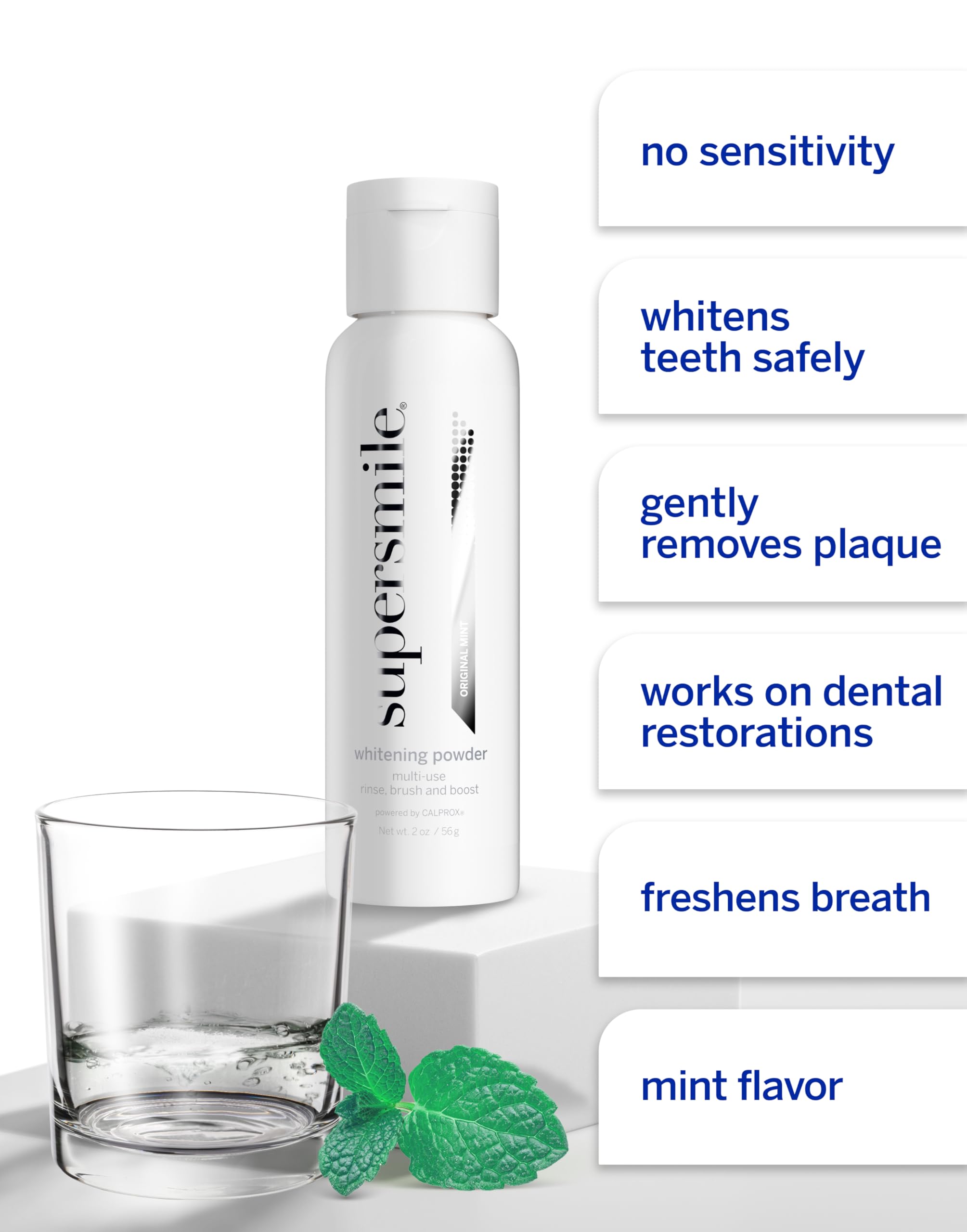 Supersmile triple-use whitening powder rinsed in a glass for quick refreshment