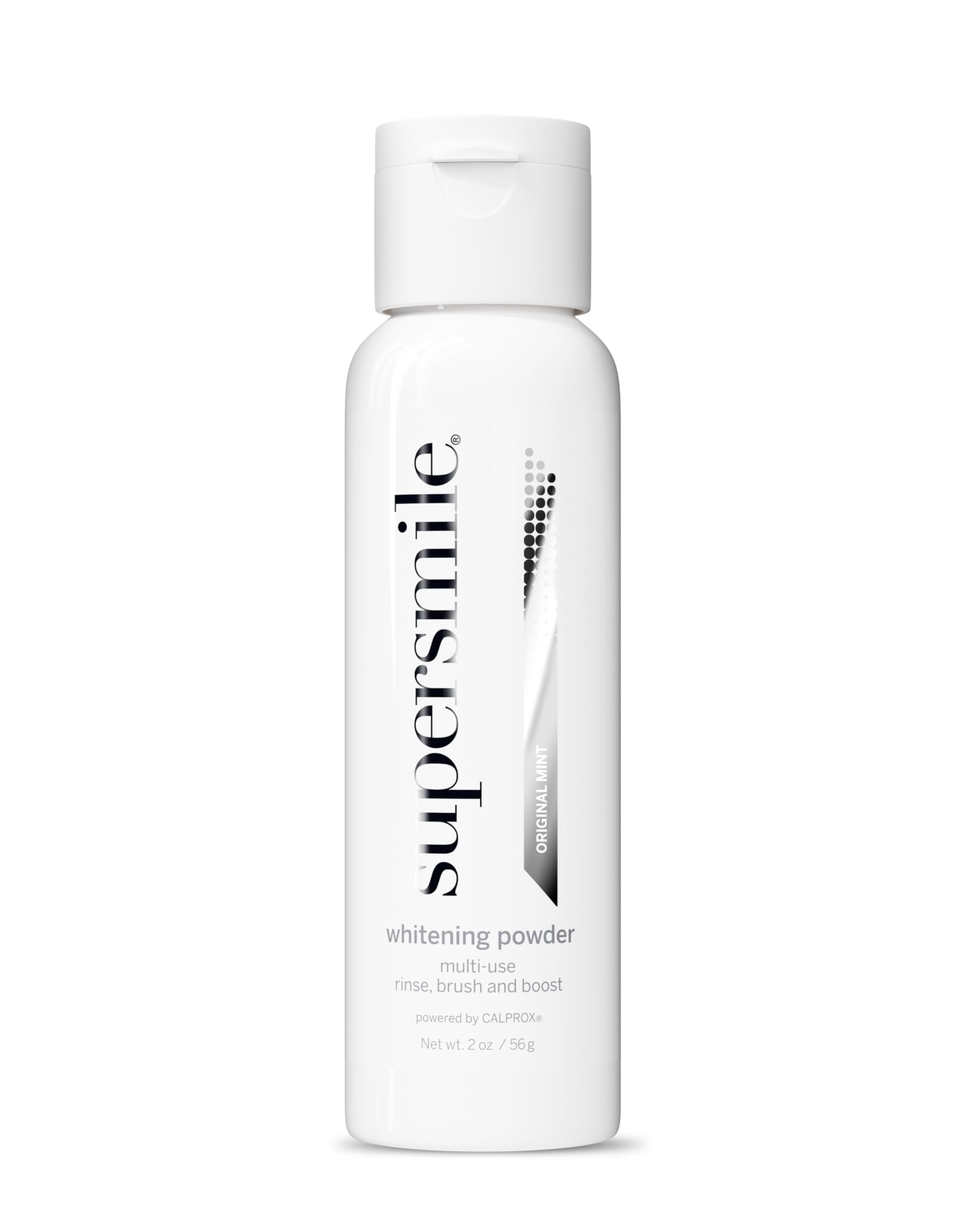 Supersmile triple-use whitening powder bottle on bathroom counter for a convenient routine
