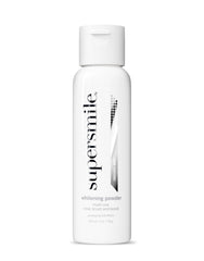 Supersmile triple-use whitening powder bottle on bathroom counter for a convenient routine