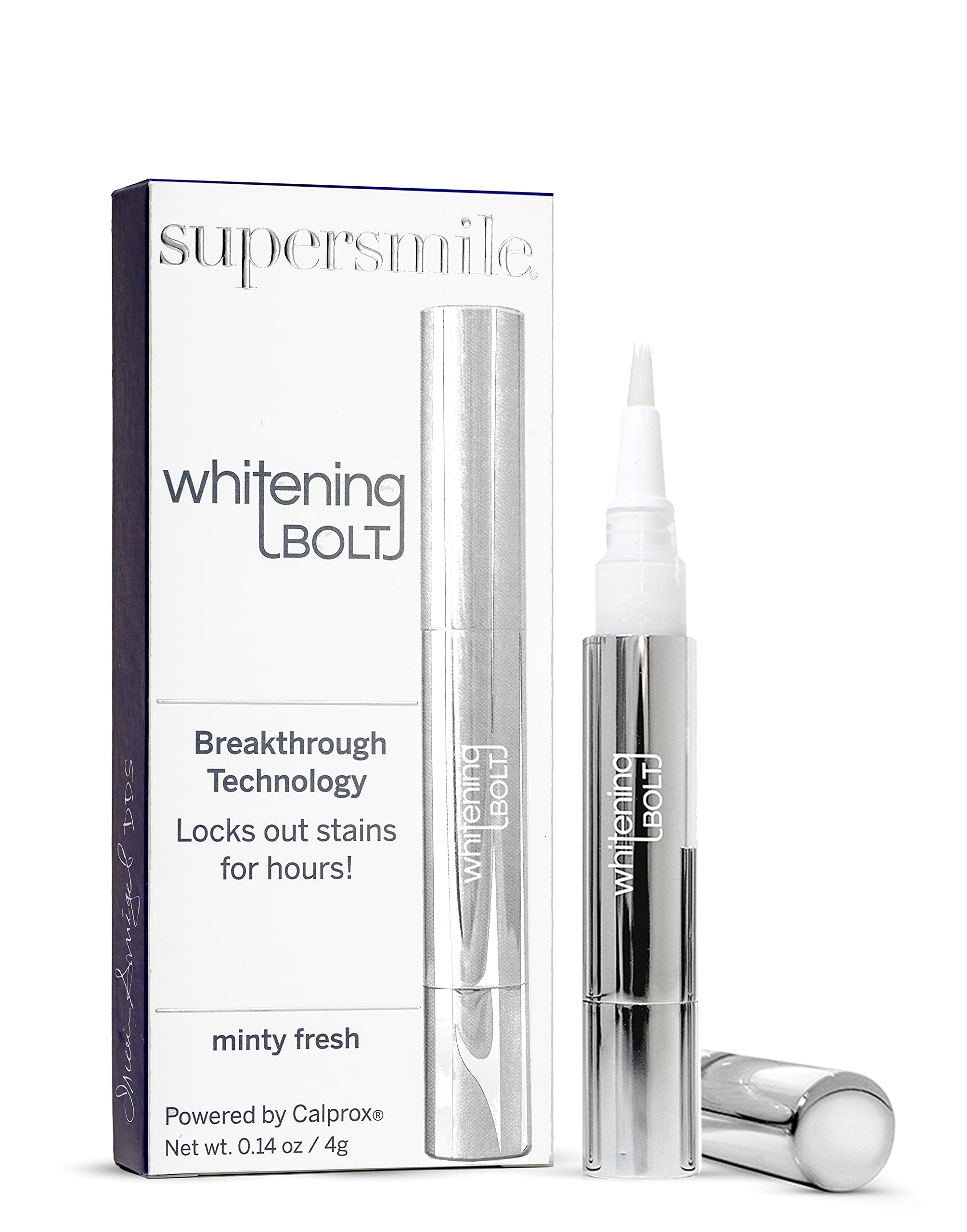 Supersmile Whitening Bolt packaging shows a compact, travel-friendly design for on-the-go whitening.