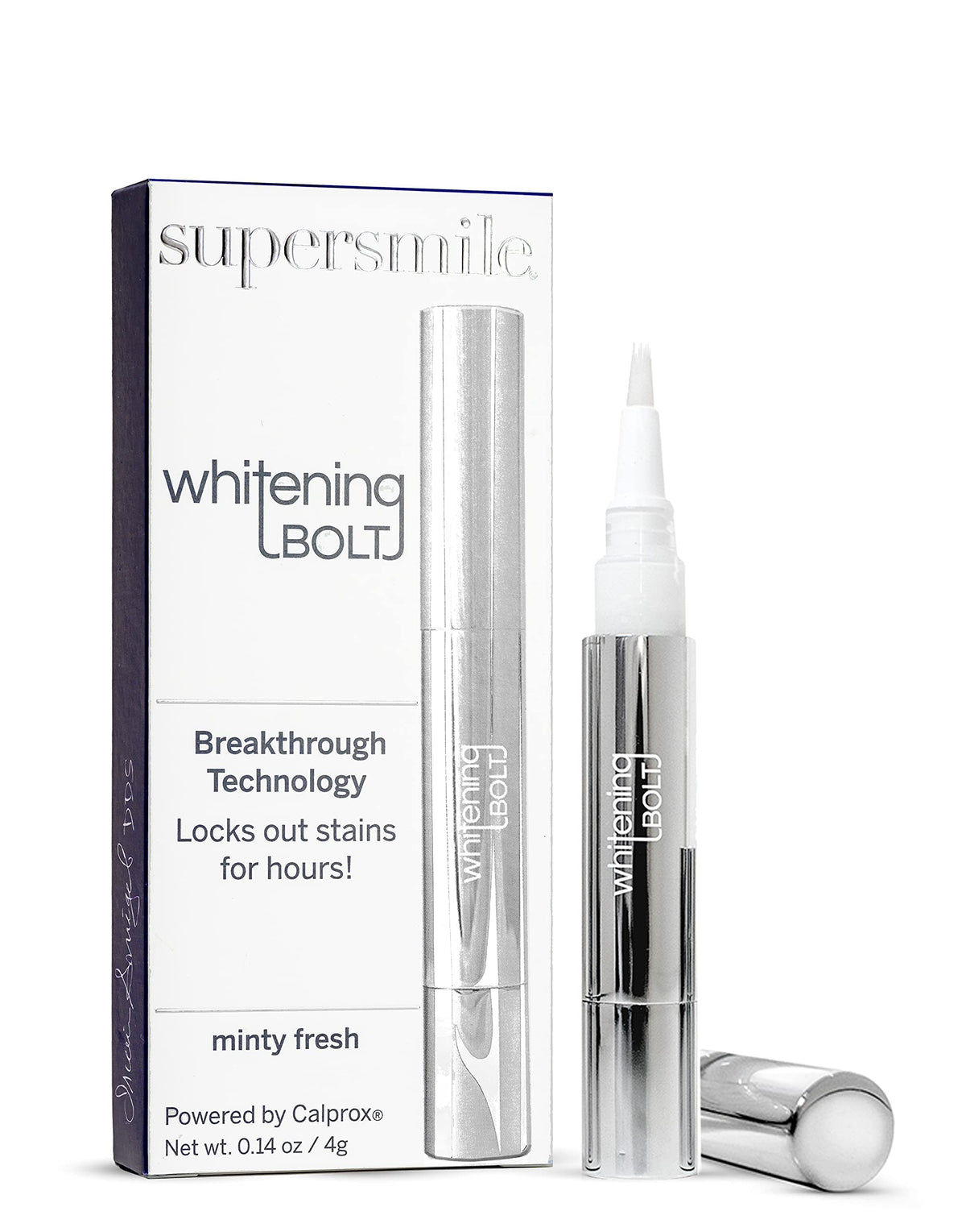 Supersmile Whitening Bolt packaging shows a compact, travel-friendly design for on-the-go whitening.