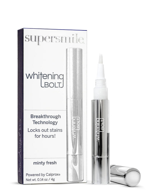 Supersmile Whitening Bolt packaging shows a compact, travel-friendly design for on-the-go whitening.