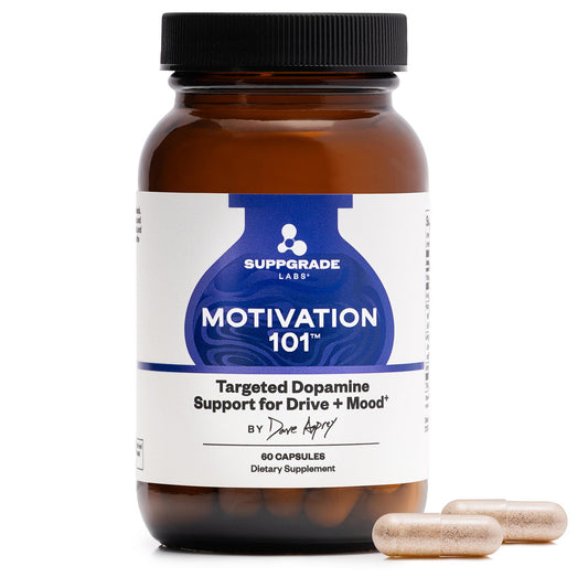 Suppgrade Labs Motivation 101 bottle with capsules promoting steady focus and motivated work sessions