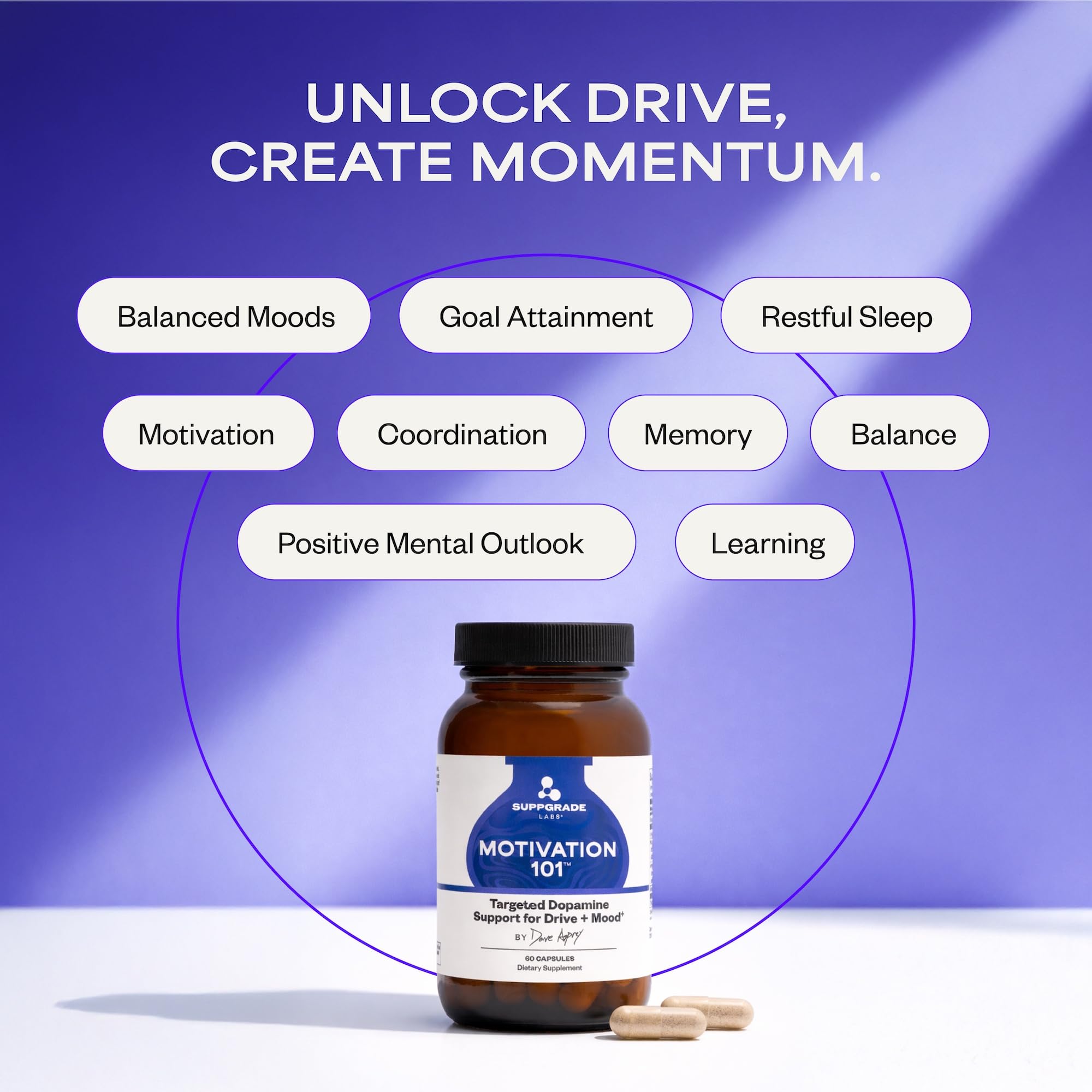 Suppgrade Labs Motivation 101 closeup of glass bottle highlighting premium packaging