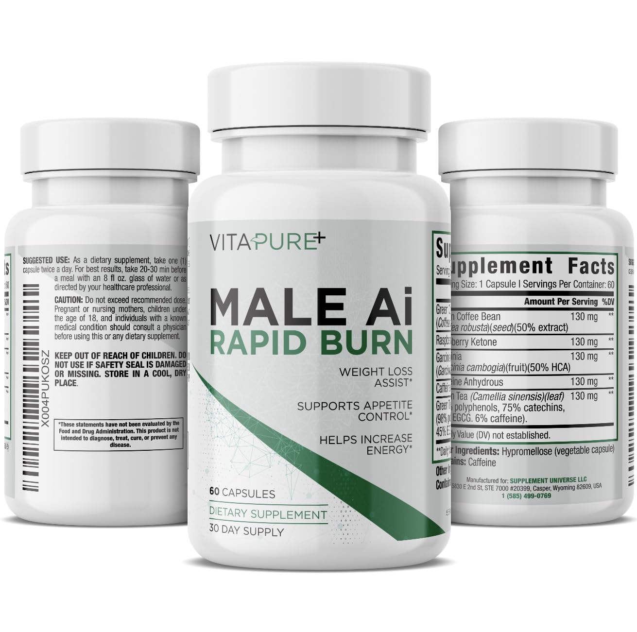 Supplement Universe Male AI Rapid Burn bottle front, thermogenic fat burner for men to boost daytime energy.