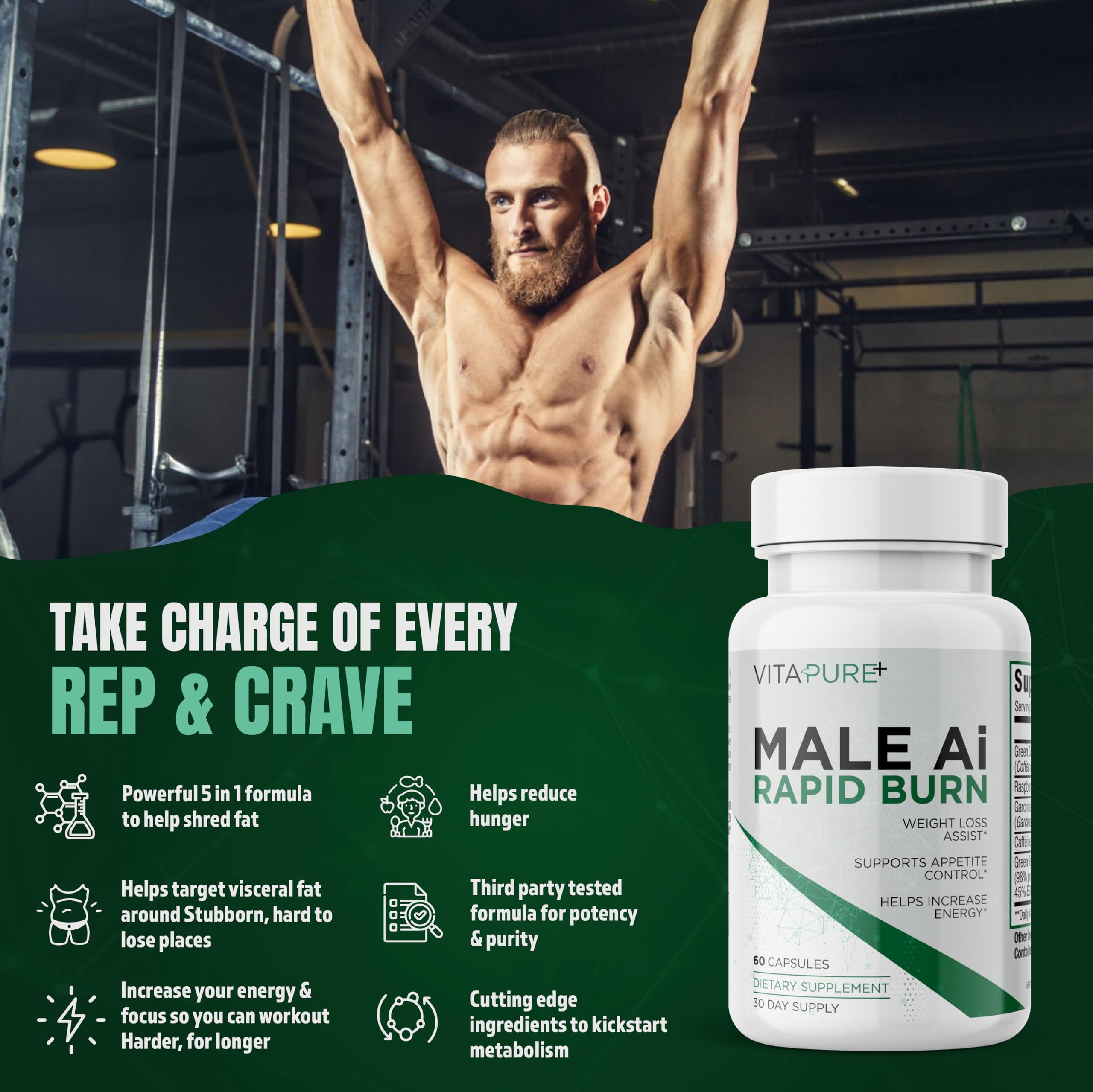 Male AI Rapid Burn thermogenic activation visual conveying energy support throughout the day.