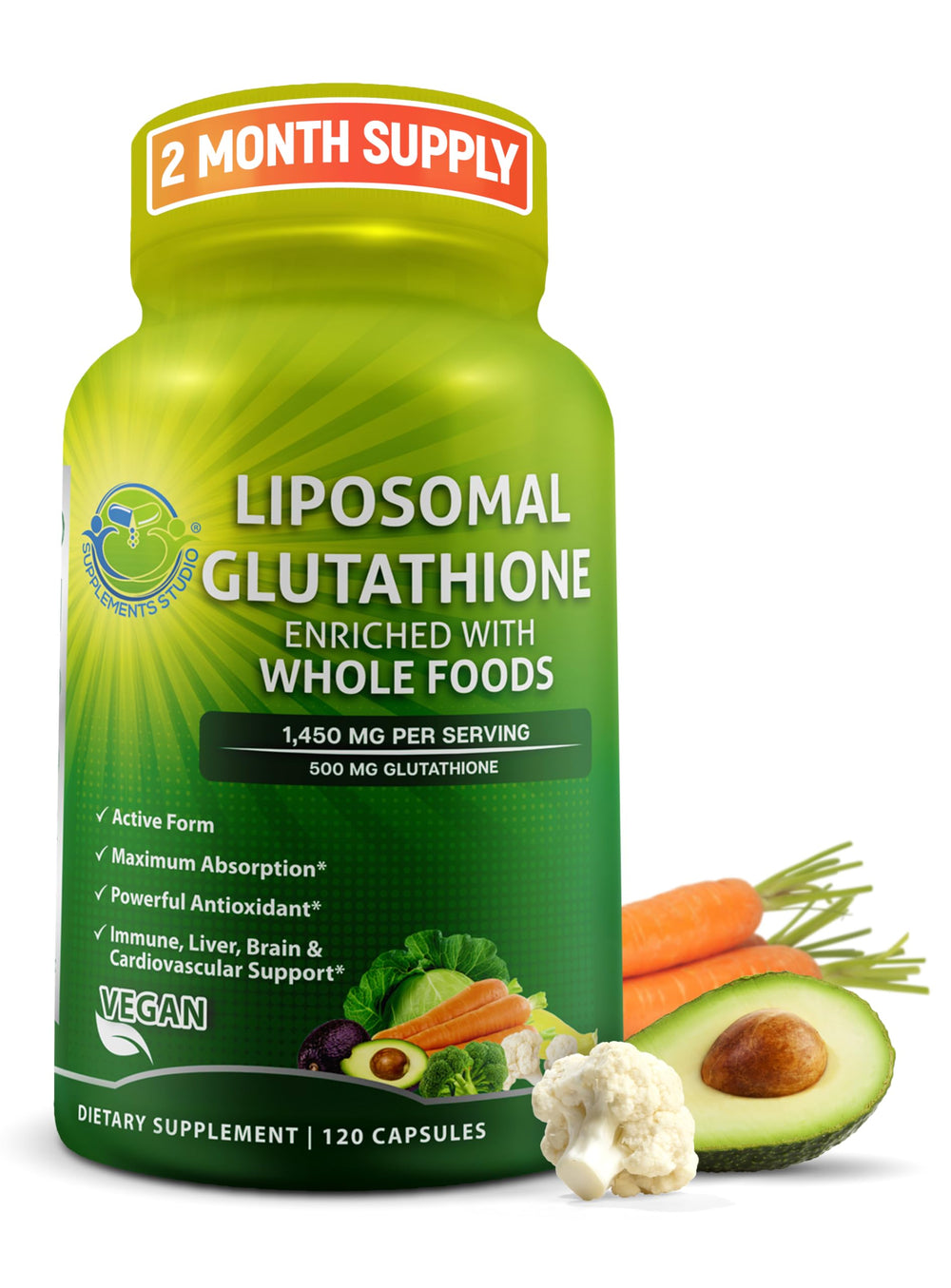 SUPPLEMENTS STUDIO Liposomal Glutathione bottle front with 500 mg dosage for immune support.