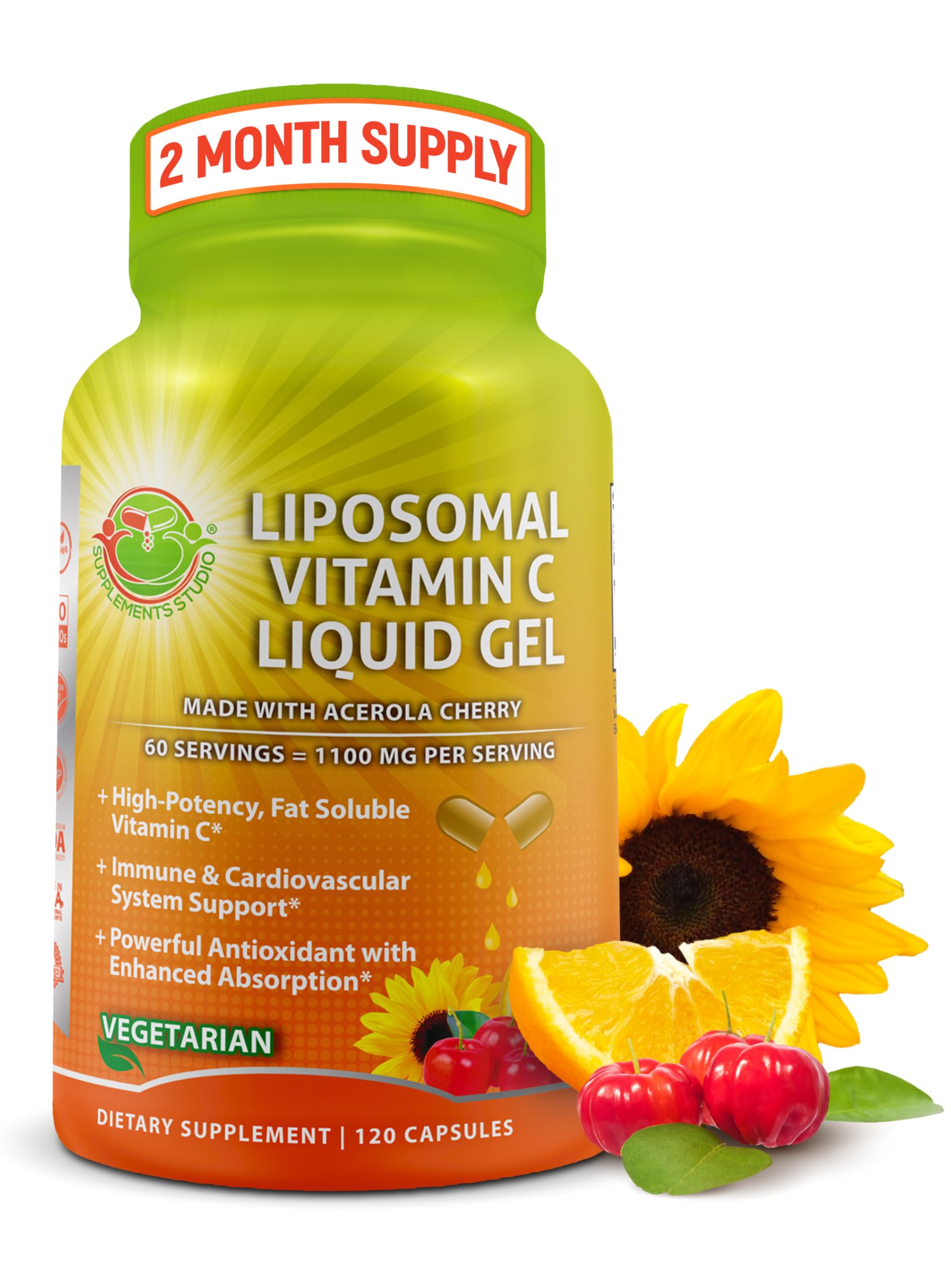 SUPPLEMENTS STUDIO Liposomal Vitamin C bottle highlights high-potency formula for immune support.