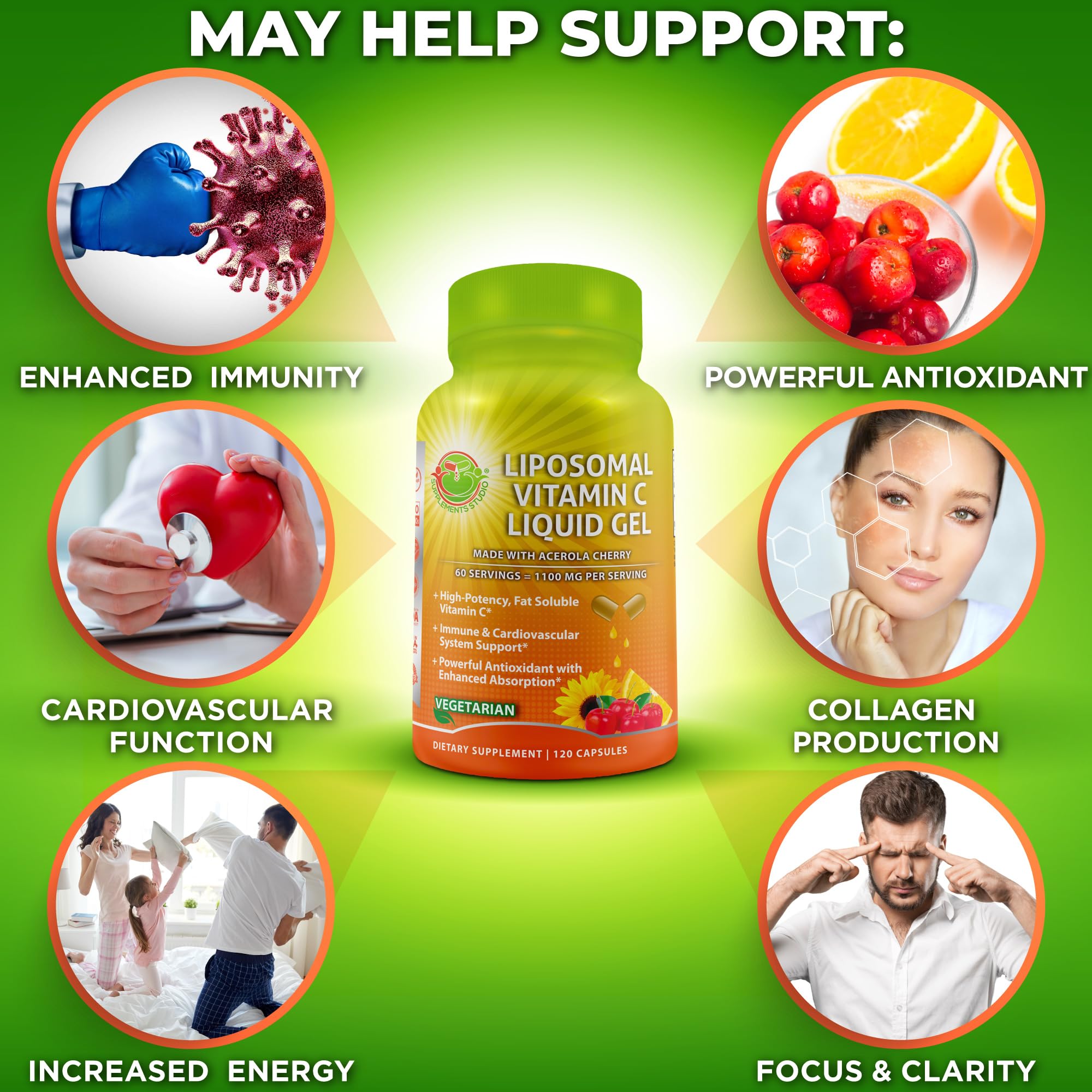 SUPPLEMENTS STUDIO Liposomal Vitamin C serving size image conveys 1100mg potency.