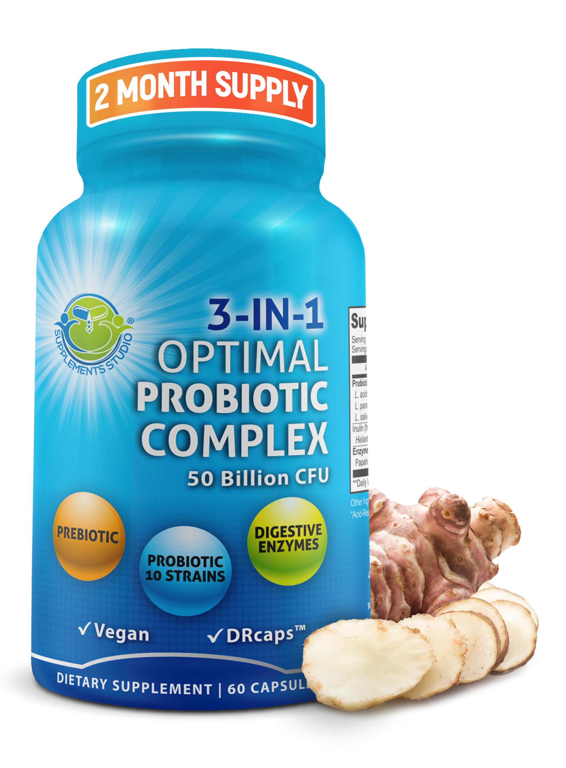 SUPPLEMENTS STUDIO probiotic bottle highlighting 10 strains and prebiotic for gut support