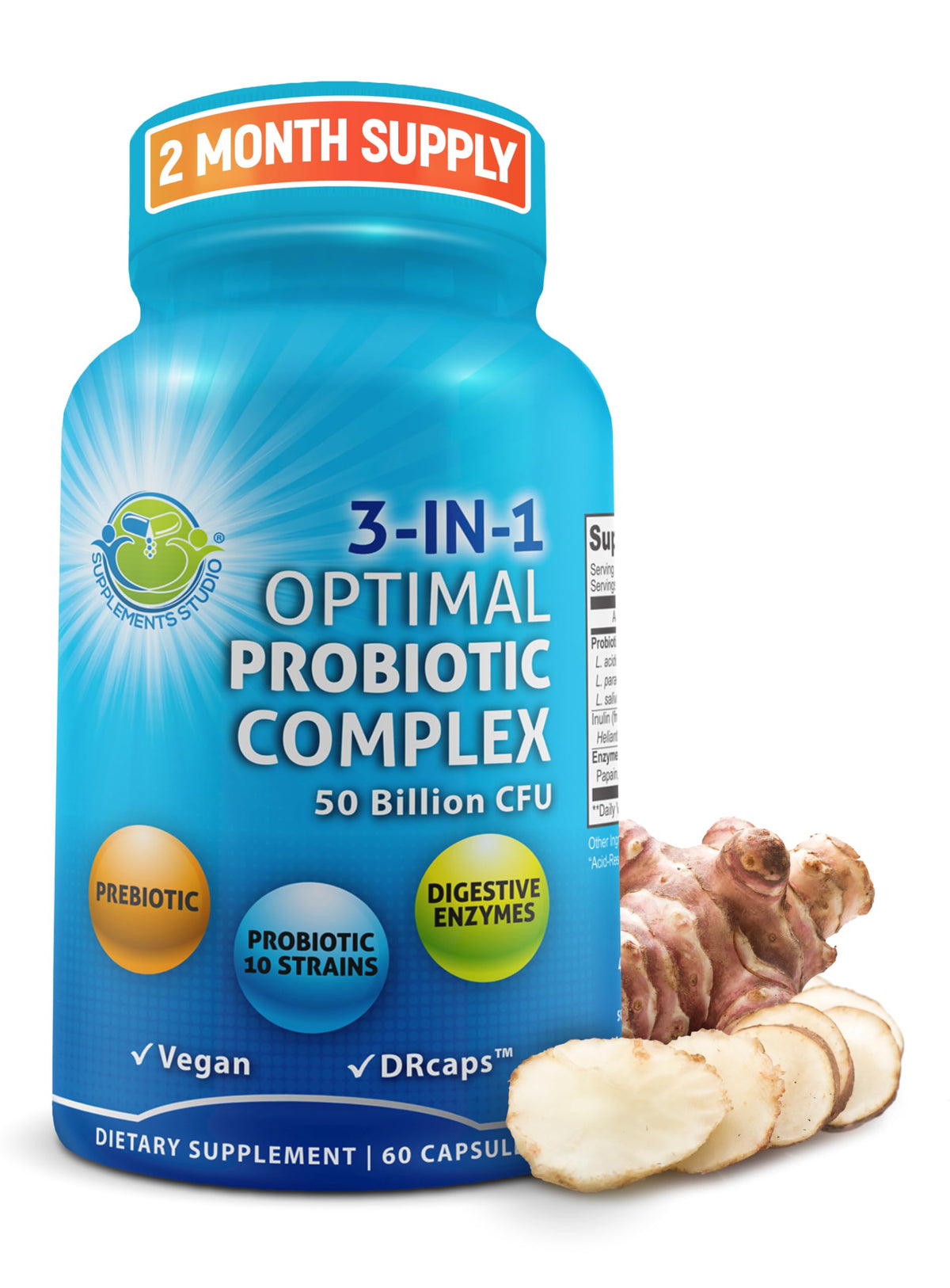 SUPPLEMENTS STUDIO probiotic bottle highlighting 10 strains and prebiotic for gut support