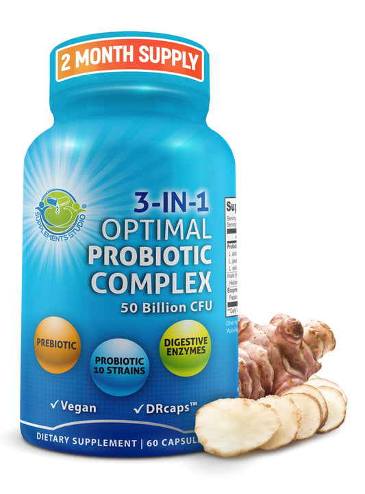SUPPLEMENTS STUDIO probiotic bottle highlighting 10 strains and prebiotic for gut support