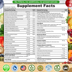 SUPPLEMENTS STUDIO whole-food sources image showcases organic fruits and vegetables behind the supplement.