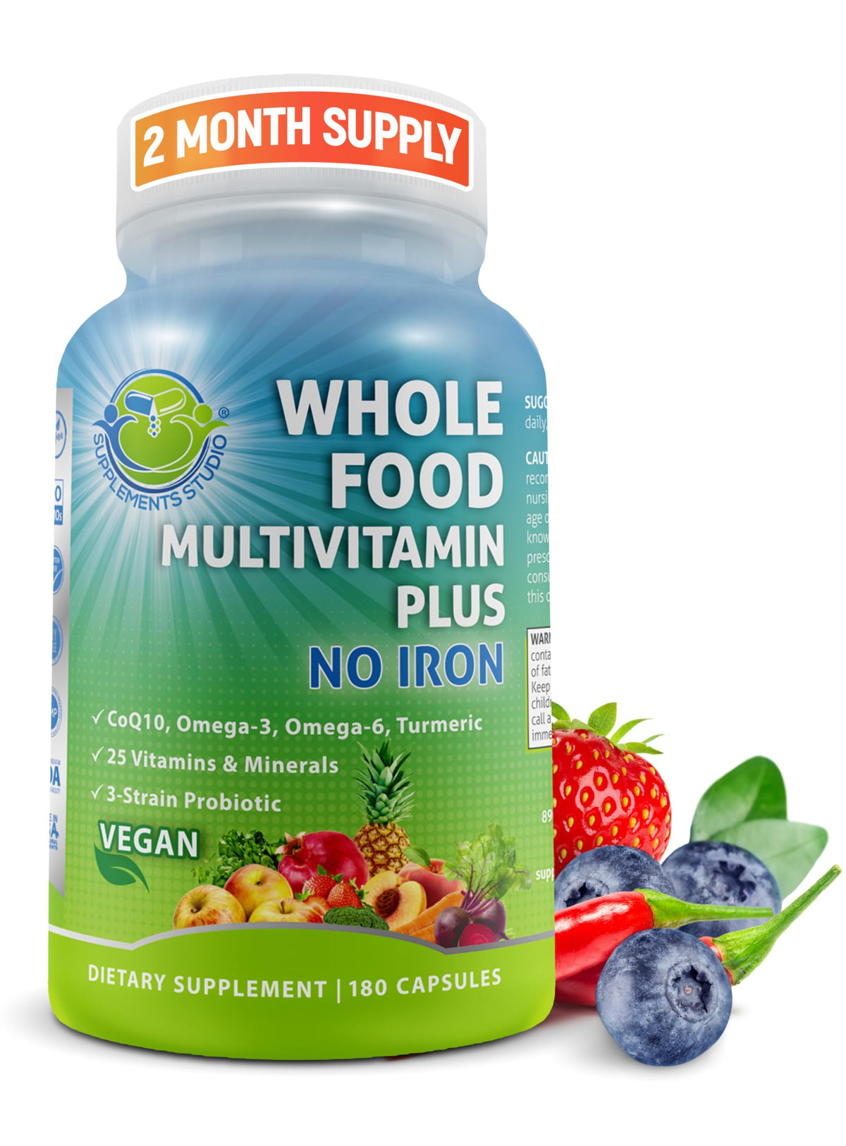 SUPPLEMENTS STUDIO vegan multivitamin bottle image highlights daily energy support with whole-food nutrition.