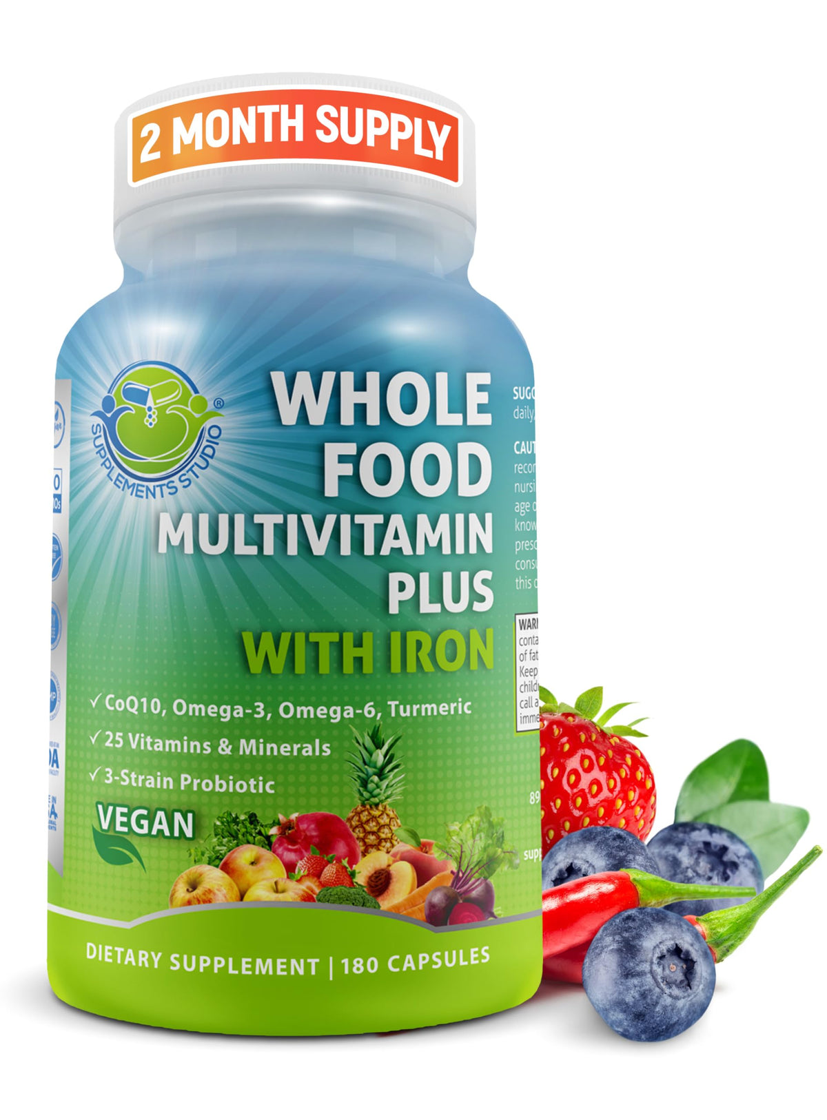 Supplements Studio vegan multivitamin bottle supports daily wellness with whole-food ingredients
