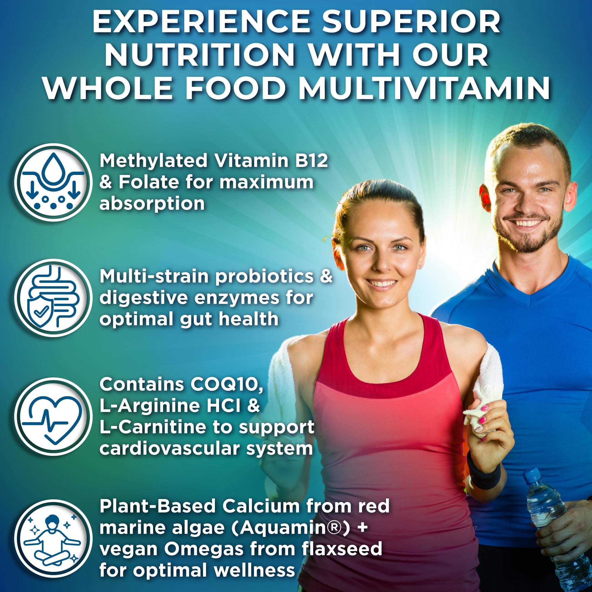 Supplements Studio vegan multivitamin label highlights iron and methylated B vitamins for energy