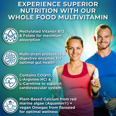 Supplements Studio vegan multivitamin label highlights iron and methylated B vitamins for energy