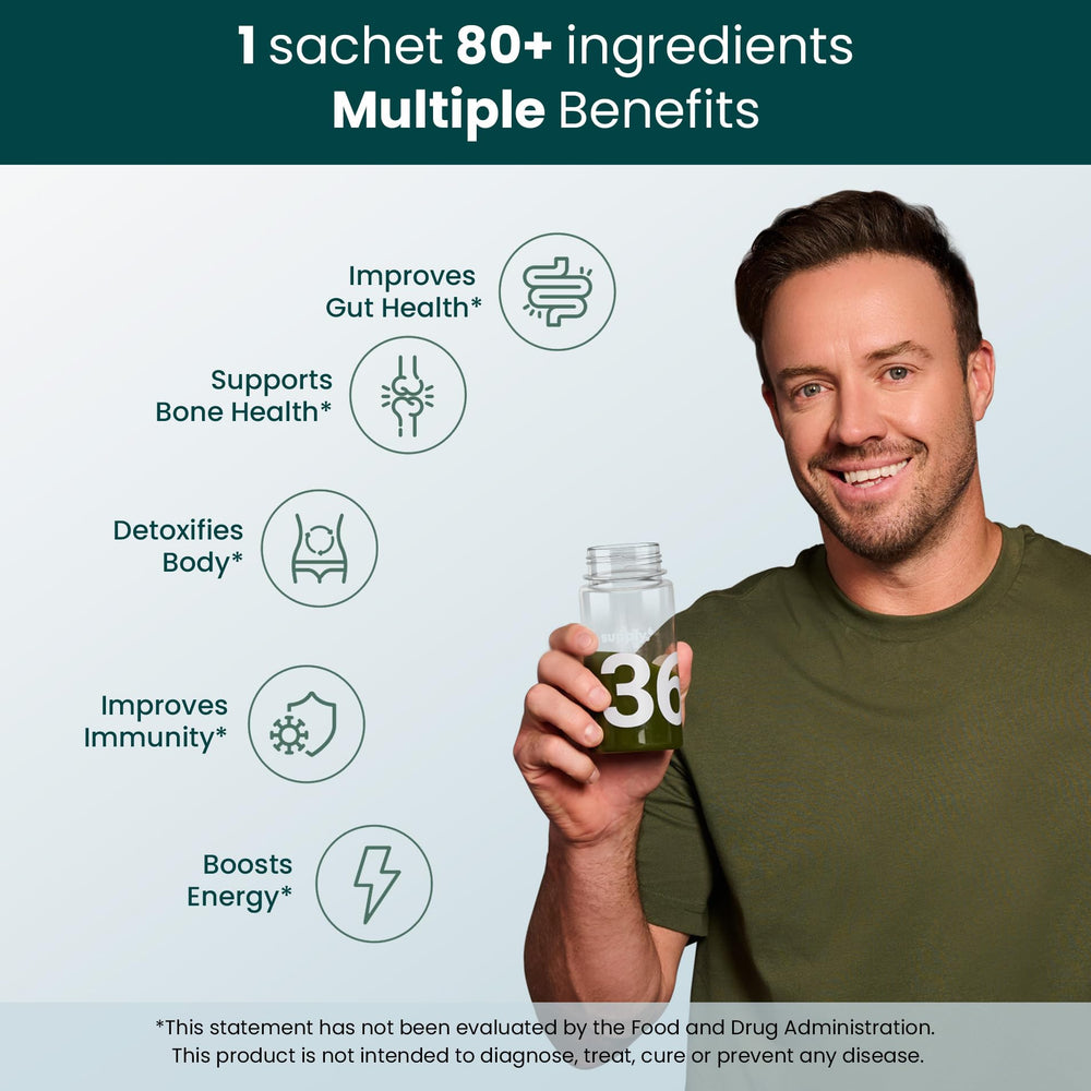 SUPPLY6 360 Greens powder scoop; convenient daily nutrition for digestion and vitality.