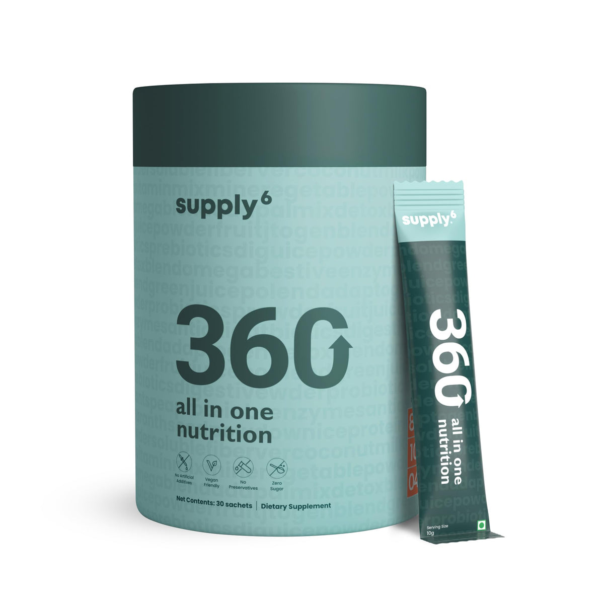 SUPPLY6 360 Greens powder tub showing a vibrant nutrient blend; supports energy and immune health.