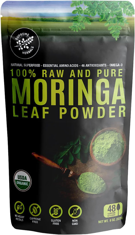 SUPREME HERBALS front packaging 8 oz resealable bag shows organic label and benefit