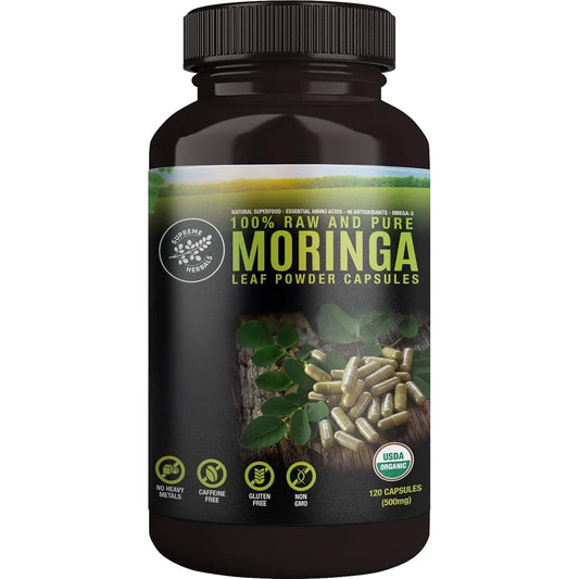 SUPREME HERBALS front packaging showing organic label and 120 capsules benefit clarity