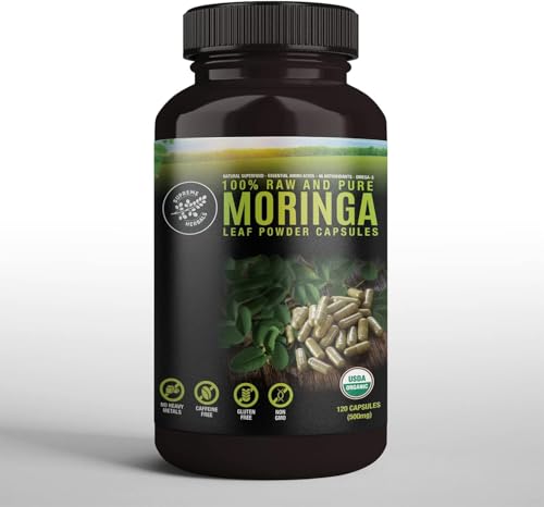Supreme Herbals Moringa capsules label—organic, non-GMO nutrition at a glance.