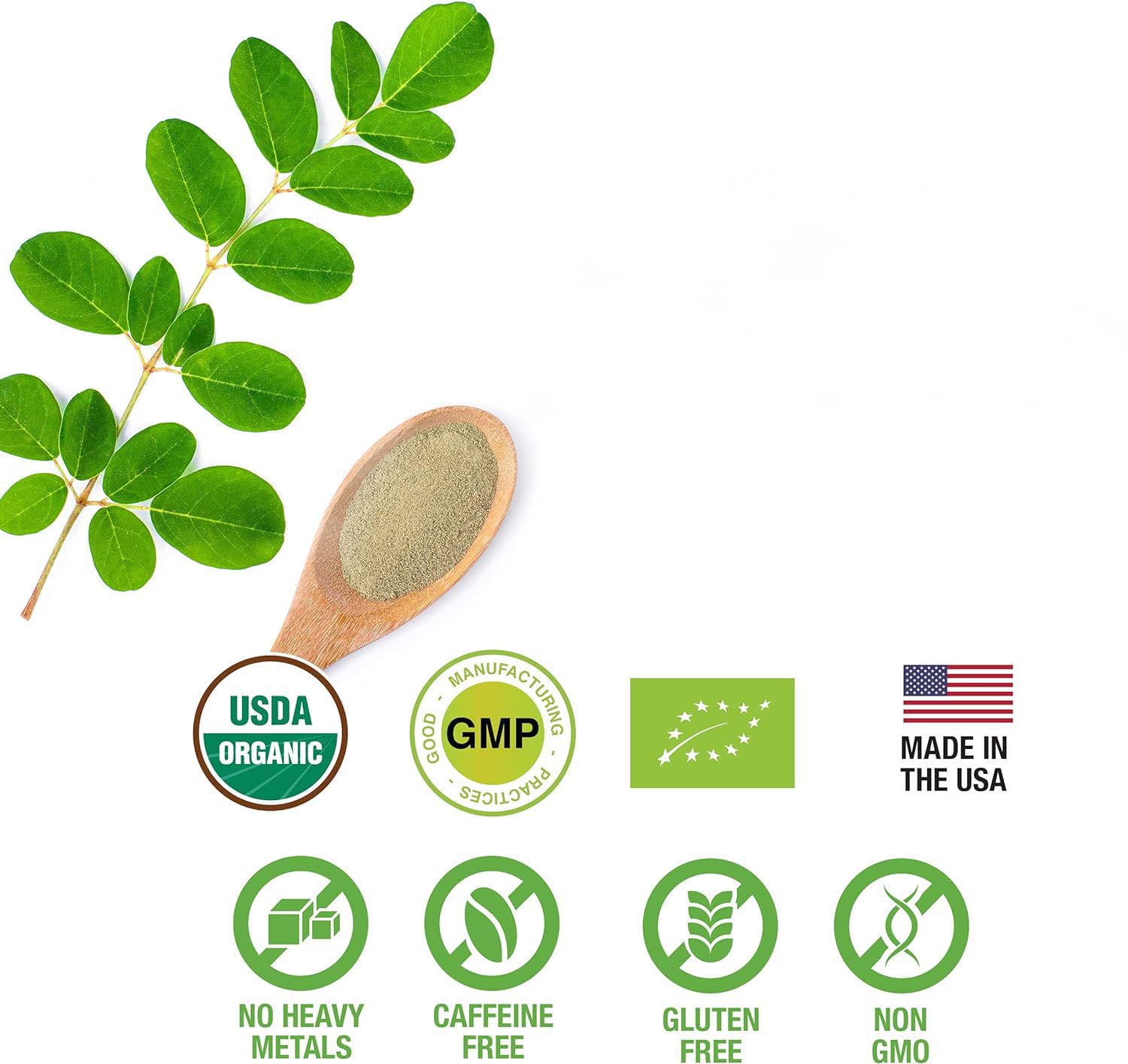 Supreme Herbals Moringa leaf powder product shot emphasizes organic, raw quality.