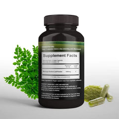Supreme Herbals Moringa powder capsule closeup—high-quality raw moringa inside.