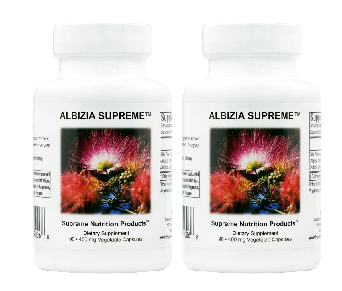 Supreme Nutrition Albizia Supreme bottle with silk tree bark capsules for daily wellness.