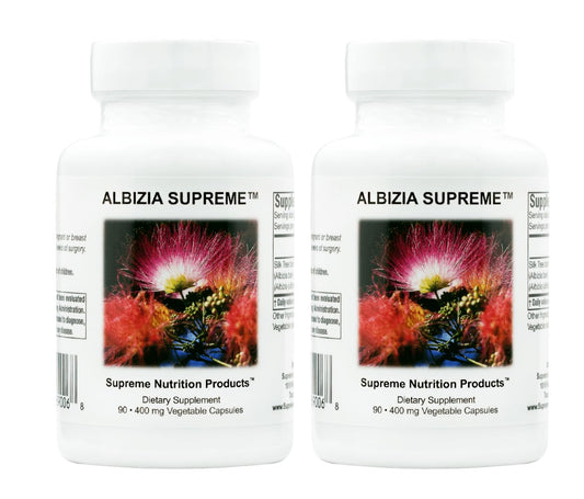 Supreme Nutrition Albizia Supreme bottle with silk tree bark capsules for daily wellness.