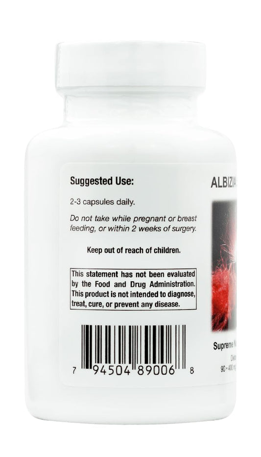 Albizia Supreme capsules closeup by Supreme Nutrition, silk tree bark capsules.