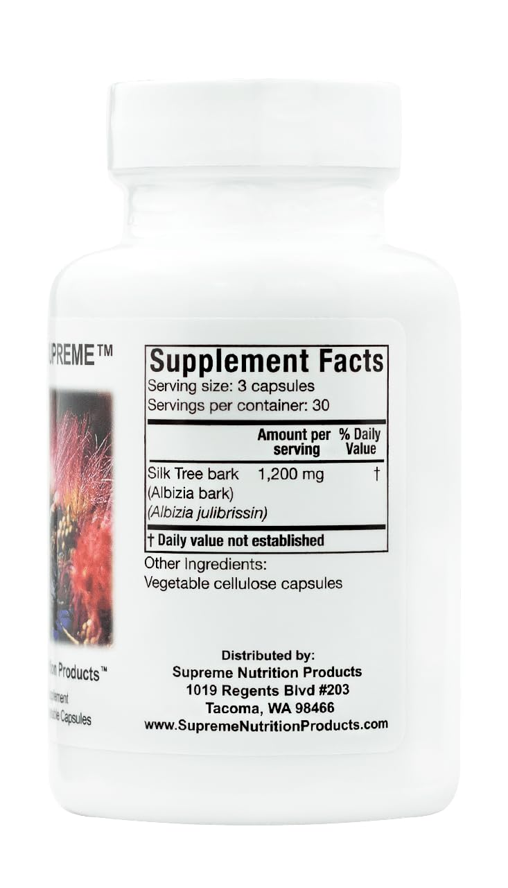 Albizia Supreme capsules close-up highlights vegetarian capsules and quality testing.
