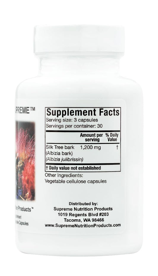 Albizia Supreme capsules close-up highlights vegetarian capsules and quality testing.