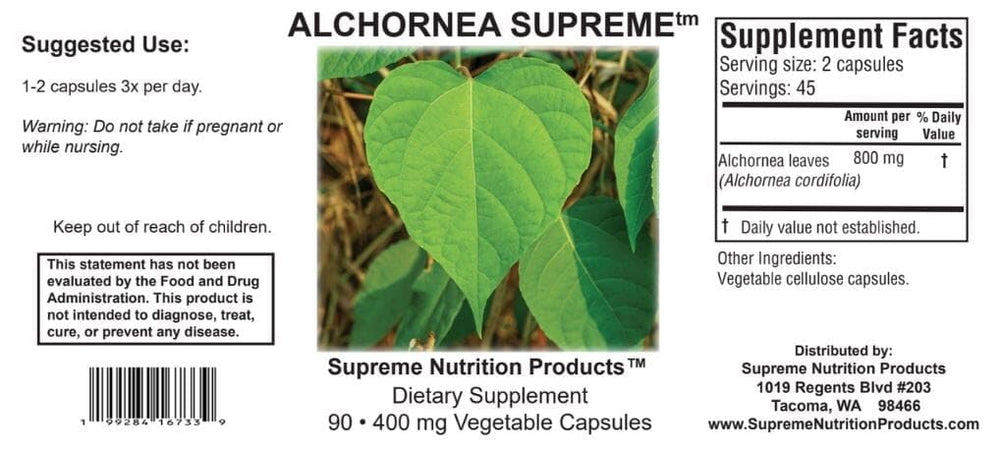 Alchornea Supreme label closeup featuring cGMP compliance and product purity