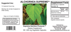 Alchornea Supreme label closeup featuring cGMP compliance and product purity