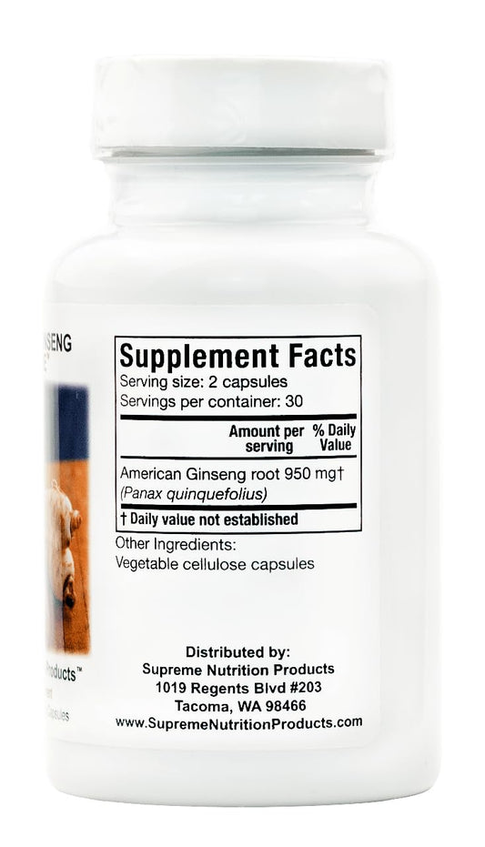 Supreme Nutrition American Ginseng bottle label highlighting pure herb formulation