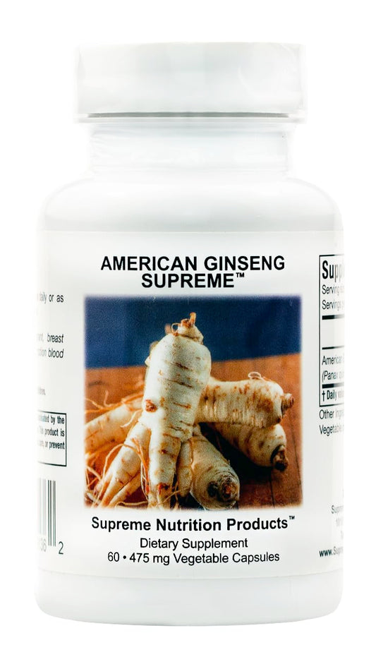 Supreme Nutrition American Ginseng bottle with 60 capsules for daily vitality.