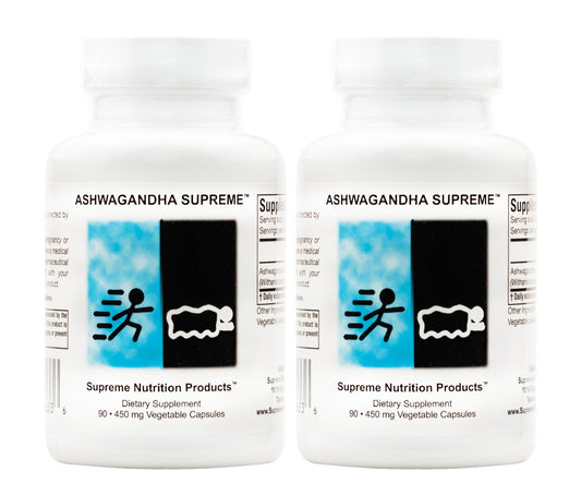 Supreme Nutrition Ashwagandha bottle front showing pure herb formula for daily balance