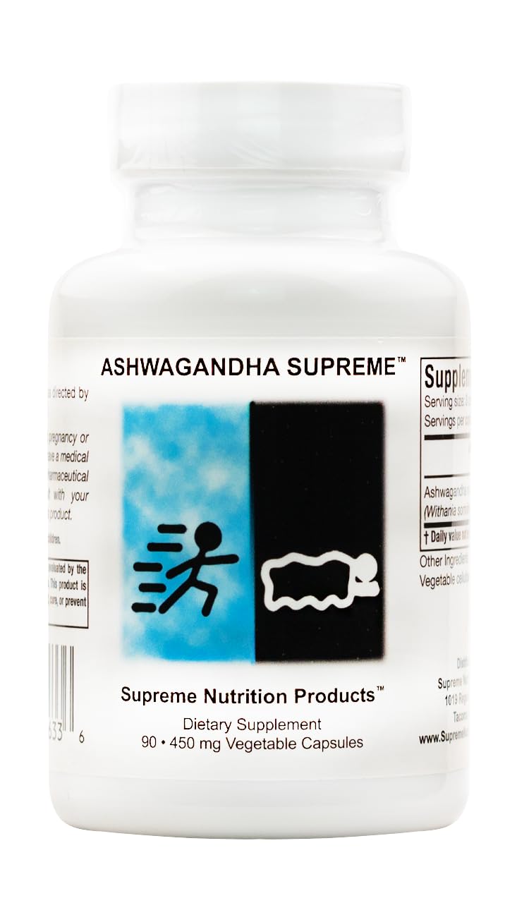 Supreme Nutrition Ashwagandha Supreme bottle front shows pure, filler-free formula.