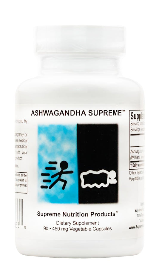 Supreme Nutrition Ashwagandha Supreme bottle front shows pure, filler-free formula.