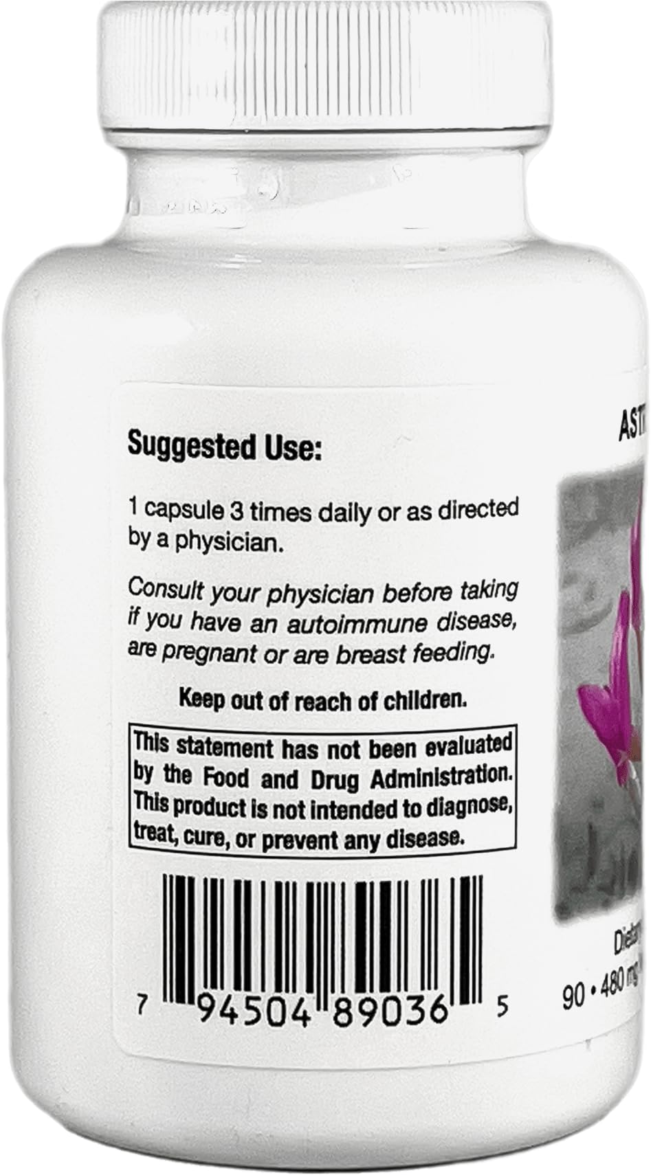 Close-up of the Supreme Nutrition Astragalus Supreme packaging label highlighting purity.