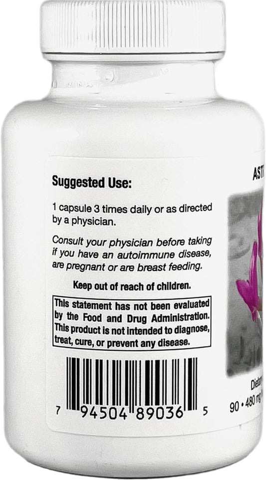 Close-up of the Supreme Nutrition Astragalus Supreme packaging label highlighting purity.